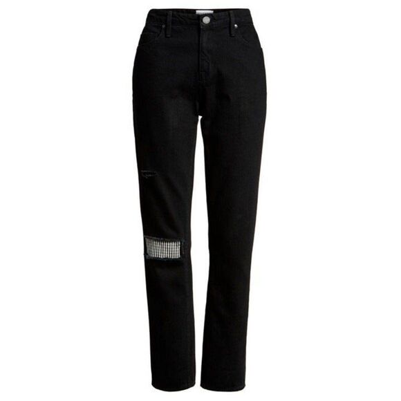 Parker Smith Black Straight Leg Crop Jeans Gingham Patch Black Size 29 - Picture 1 of 12